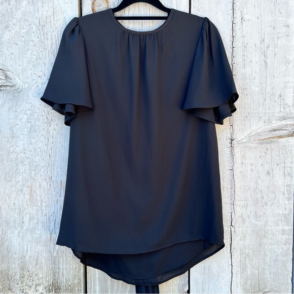 Badgley Mischka black ruffle short sleeve bowtie sash layered lined flowy blouse - Picture 2 of 15